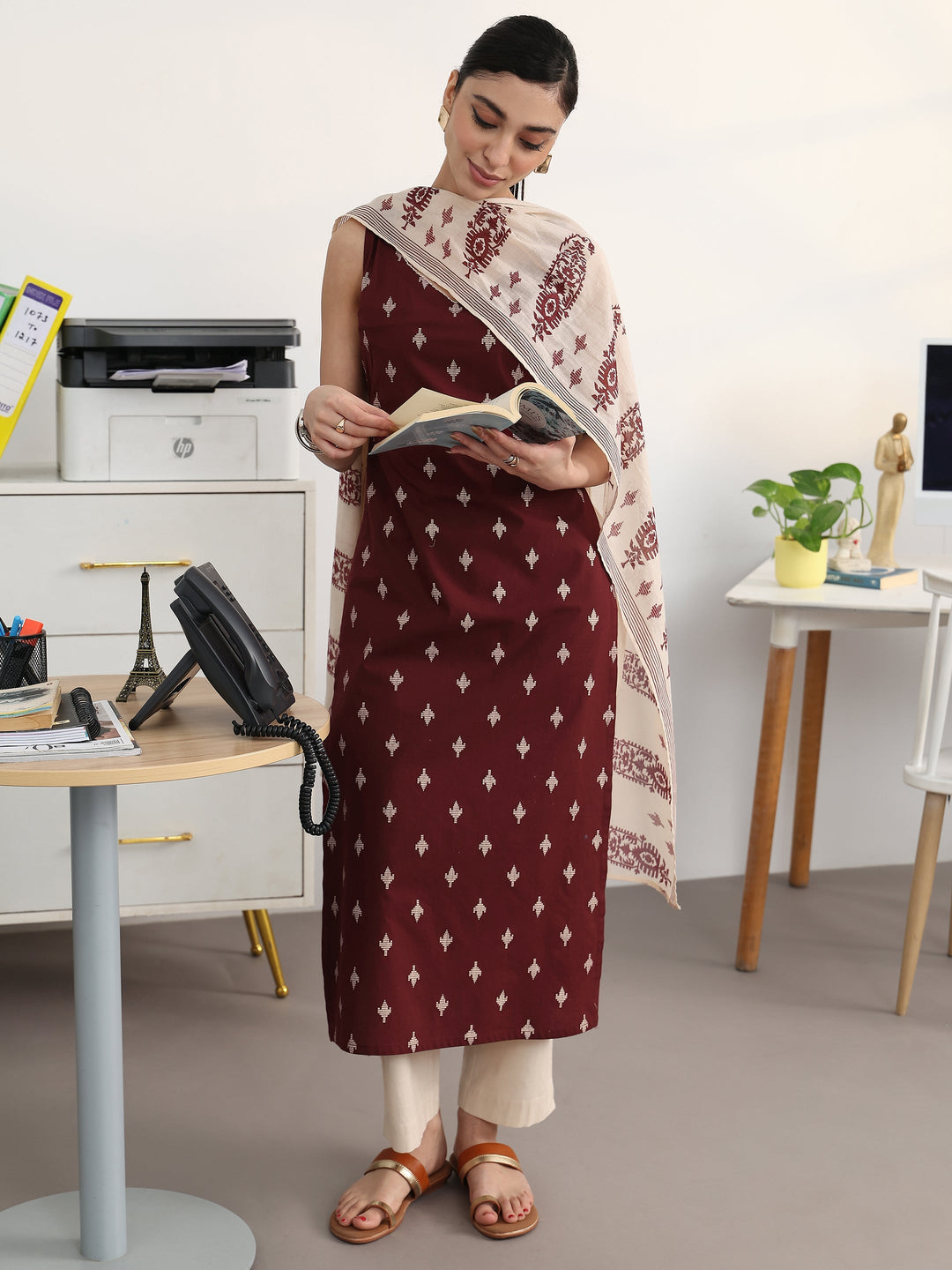  Maroon Ethnic Motifs Printed Cotton Blend Straight Suit Set With Dupatta 