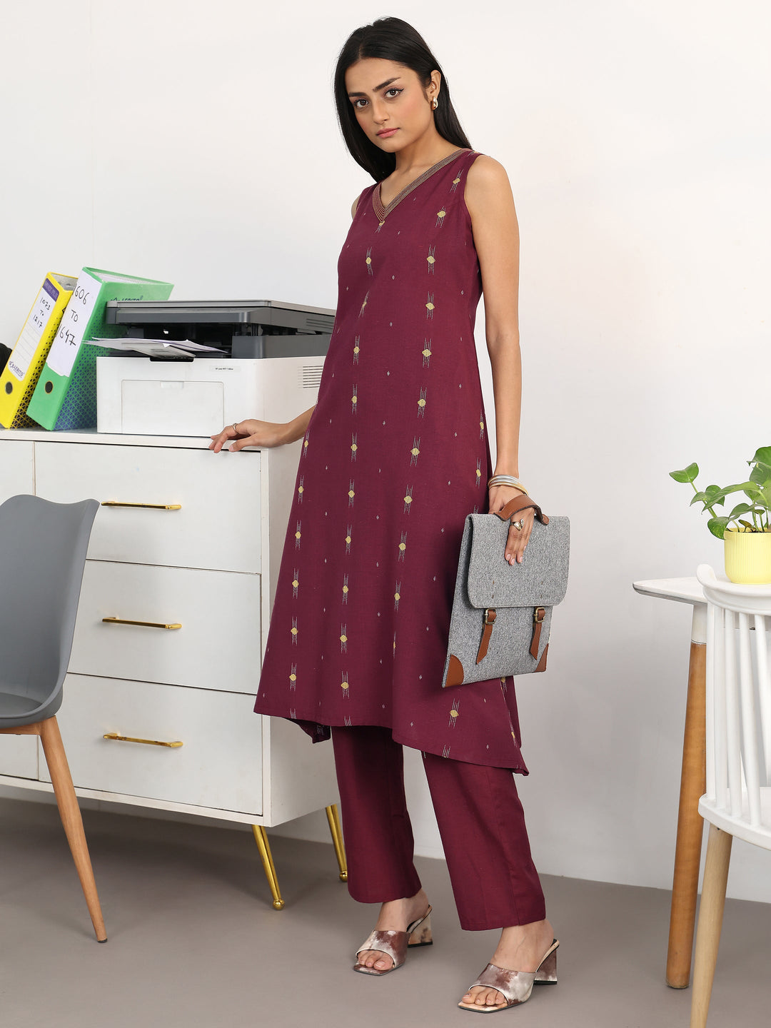  Maroon Ethnic Motifs Woven Design Cotton Blend A-Line Kurta Set 
