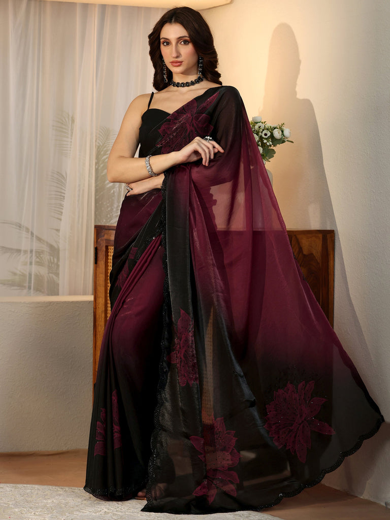 Libas Maroon Floral Embellished Silk Blend Saree