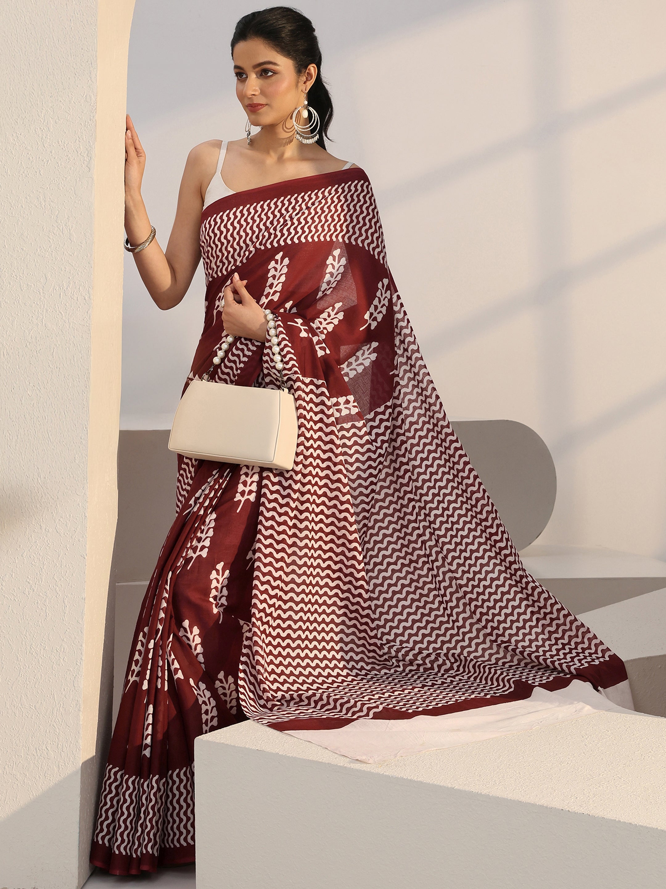 Libas Maroon Floral Print Cotton Saree-picture-20