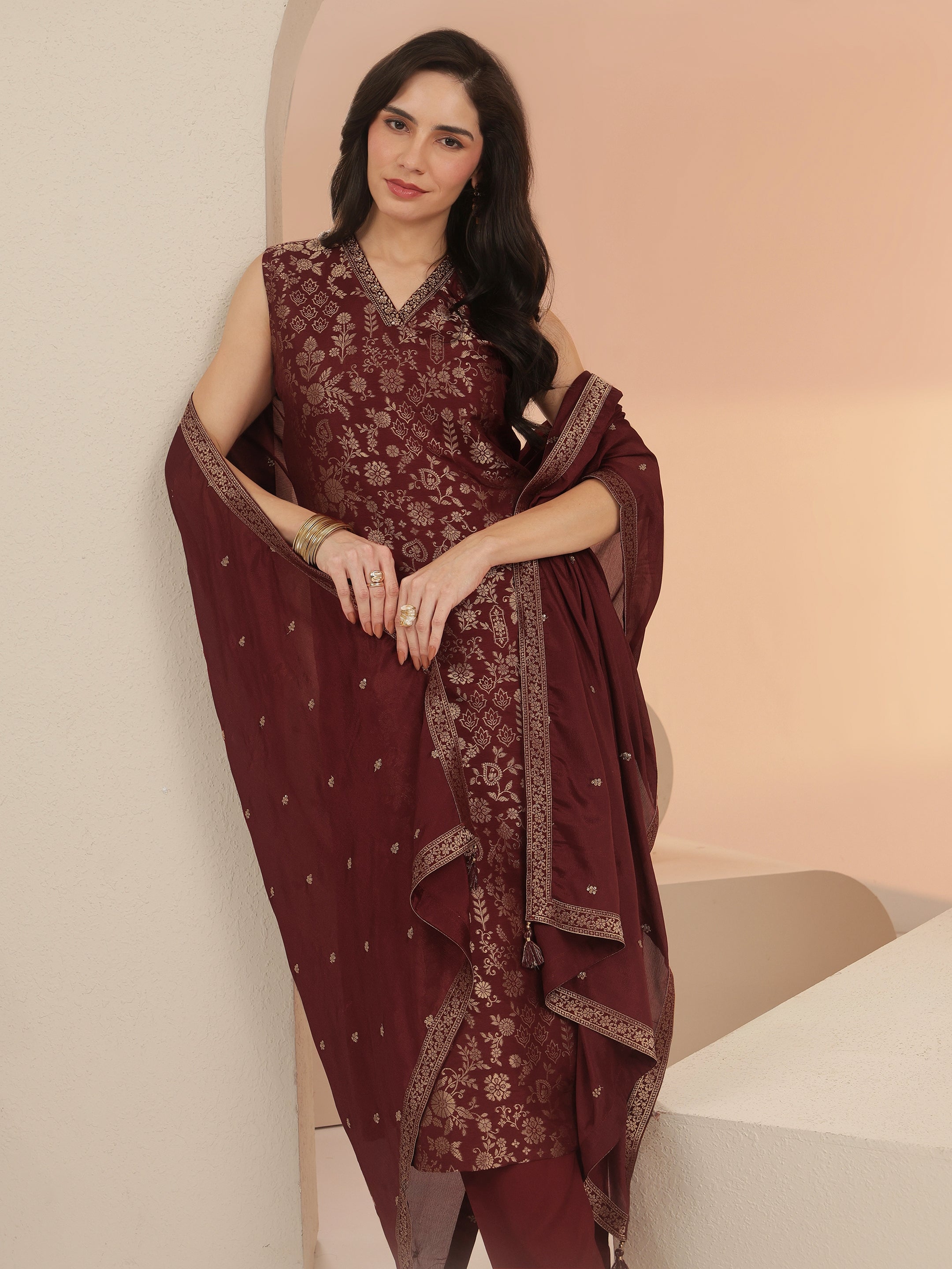 libas Maroon Floral Woven Design Silk Blend Straight Suit Set-picture-35