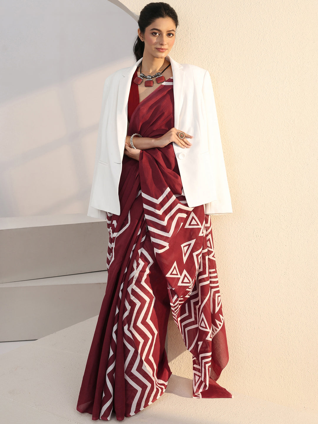  Maroon Chevron Print Cotton Saree 