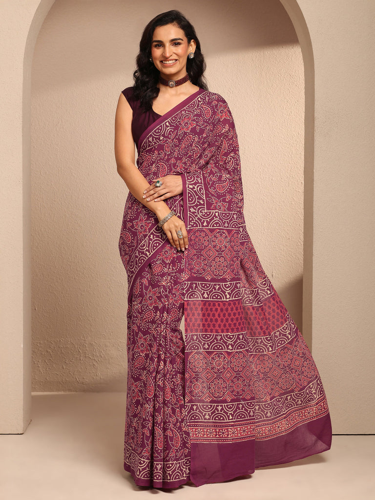 Libas Maroon Paisley Printed Cotton Saree With Unstitched Blouse Piece