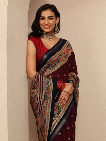 Maroon Printed Silk Blend Saree With Unstitched Blouse Piece