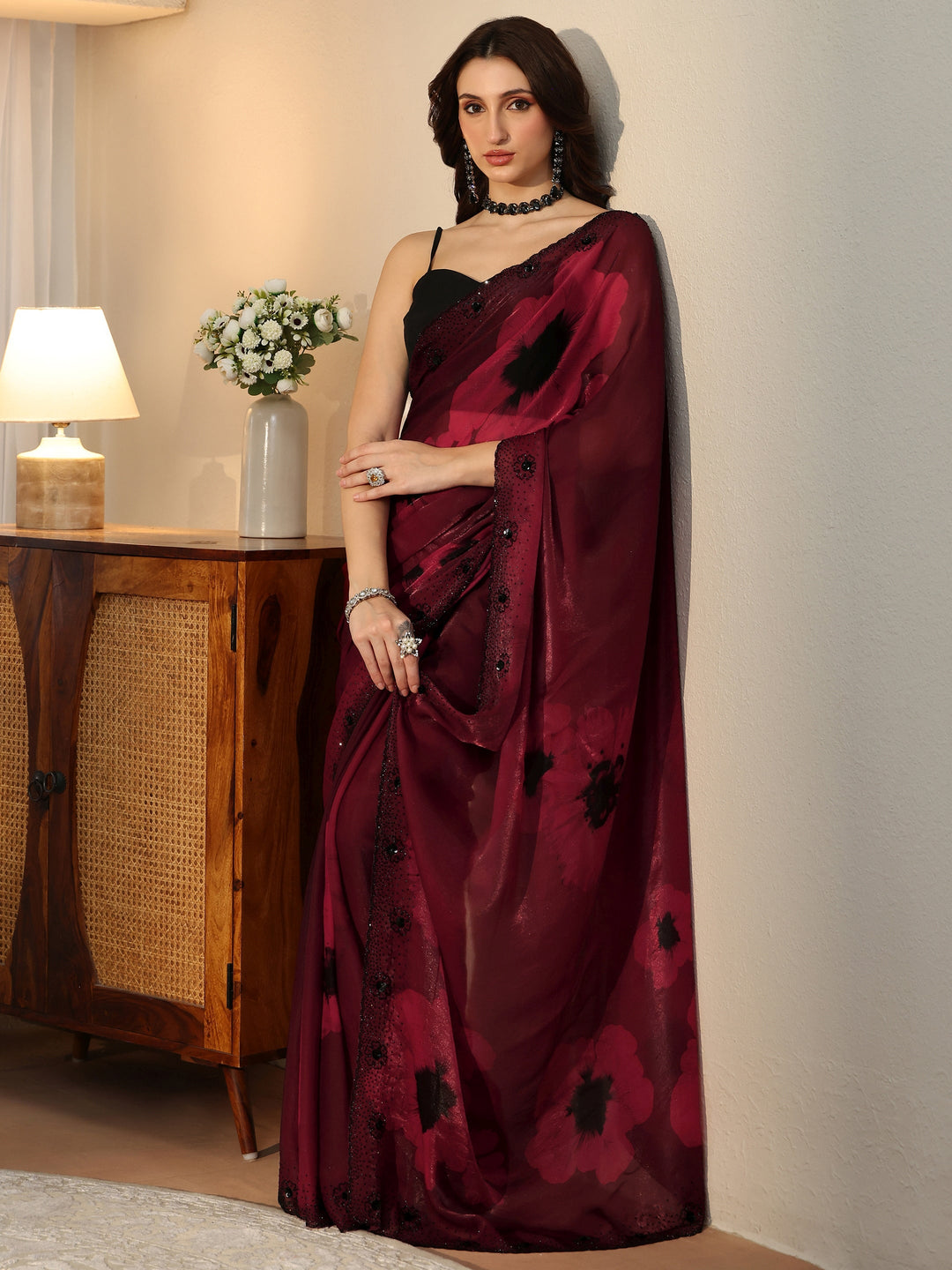  Maroon Red Floral Silk Blend Saree 