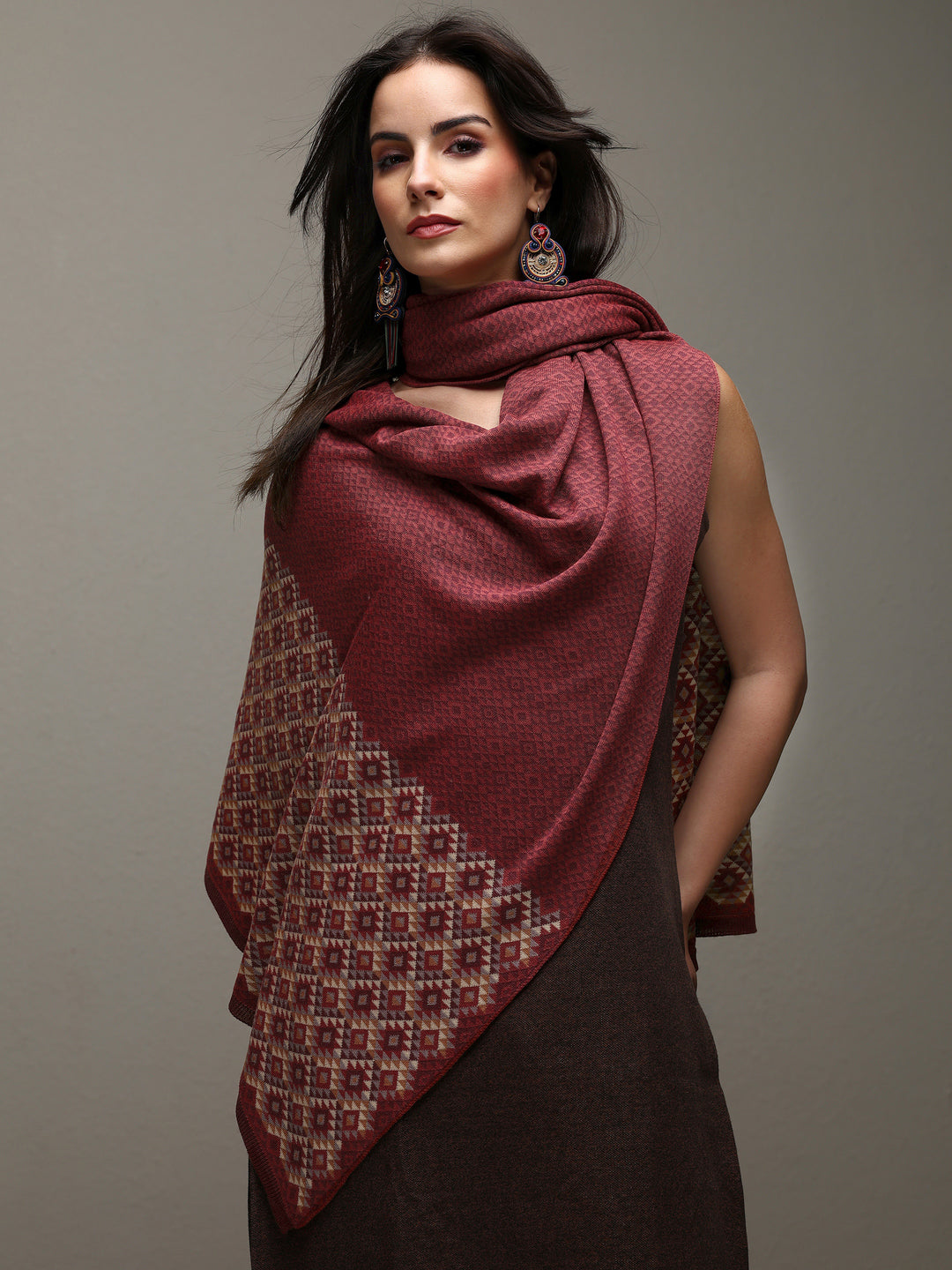 Maroon Woven Design Wool Women'S Shawl