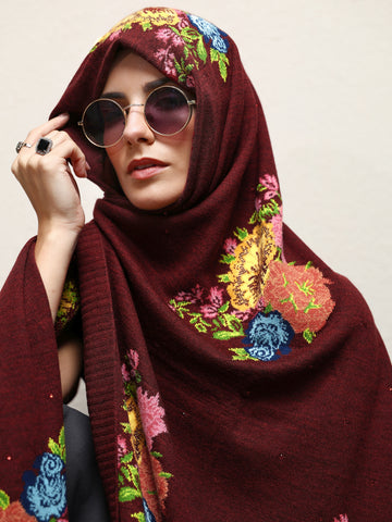 Maroon Woven Design Wool Wrap Shawl 