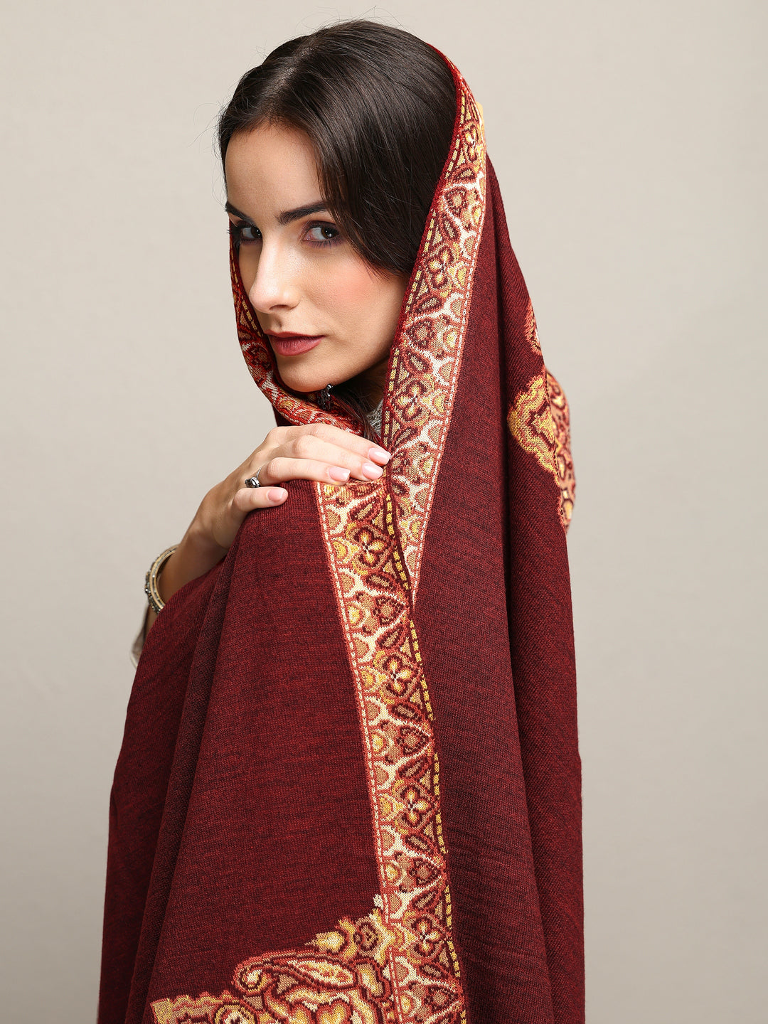 Maroon Woven Design Wool Wrap Shawl 