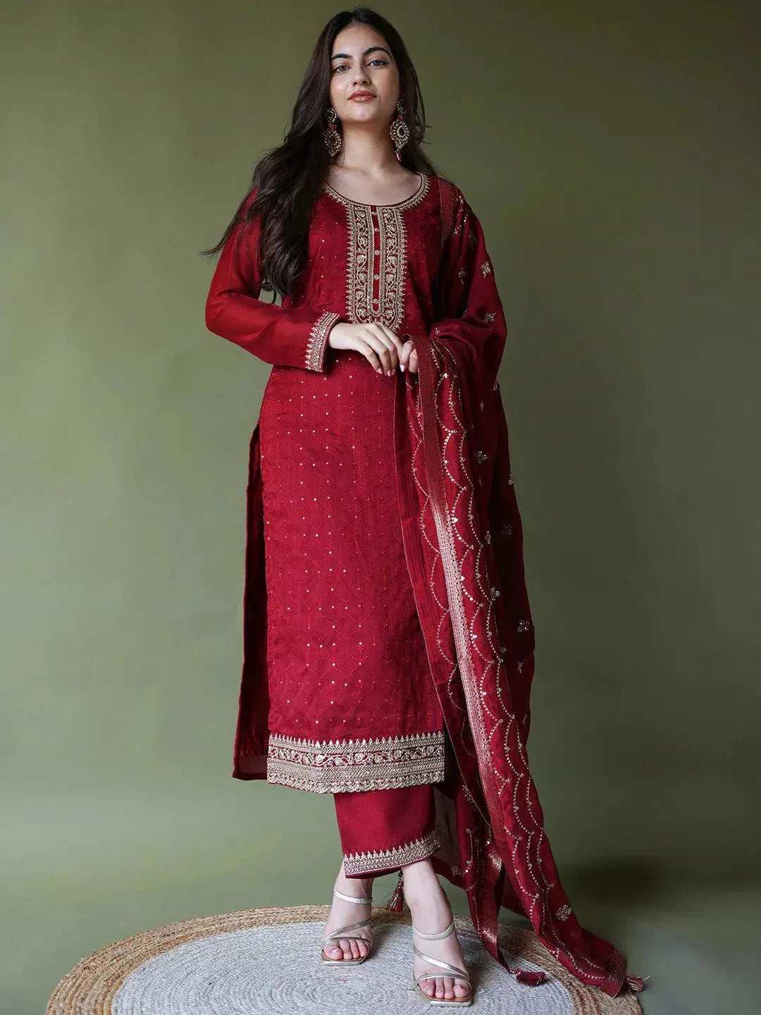 

Maroon Embroidered Silk Blend Straight Kurta With Trousers & Dupatta