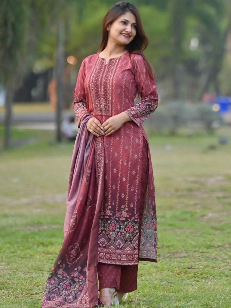 Libas Maroon Printed Crepe Straight Kurta With Trousers & Dupatta