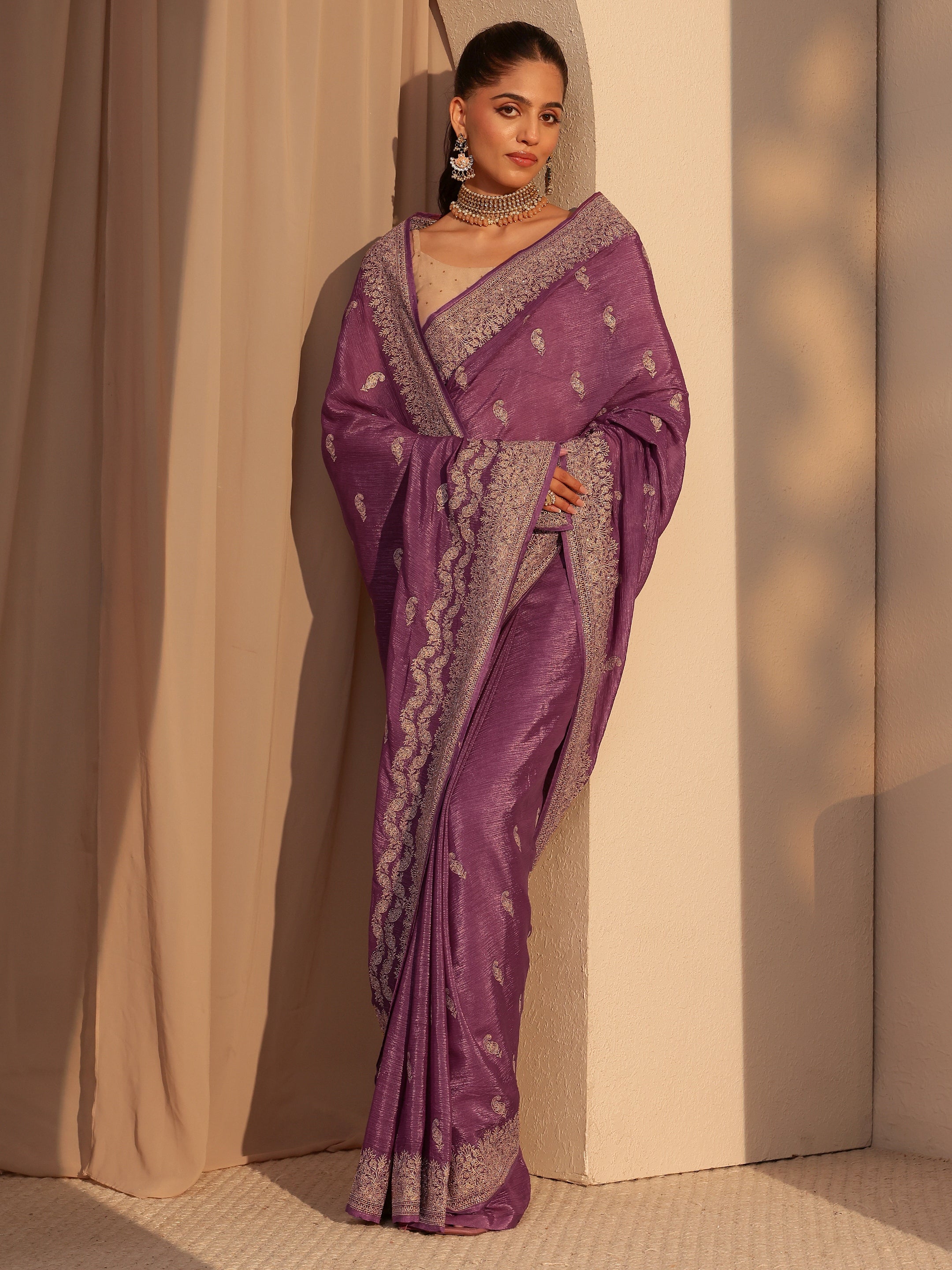 Libas Mauve Ethnic Embroidered Chiffon Saree-picture-13