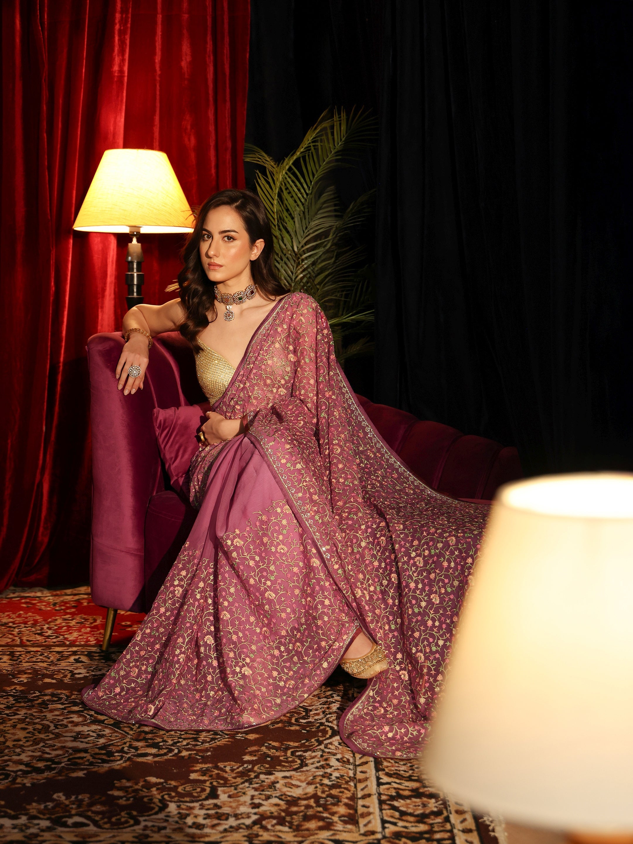 Libas Mauve Floral Embroidered Chiffon Saree-picture-36