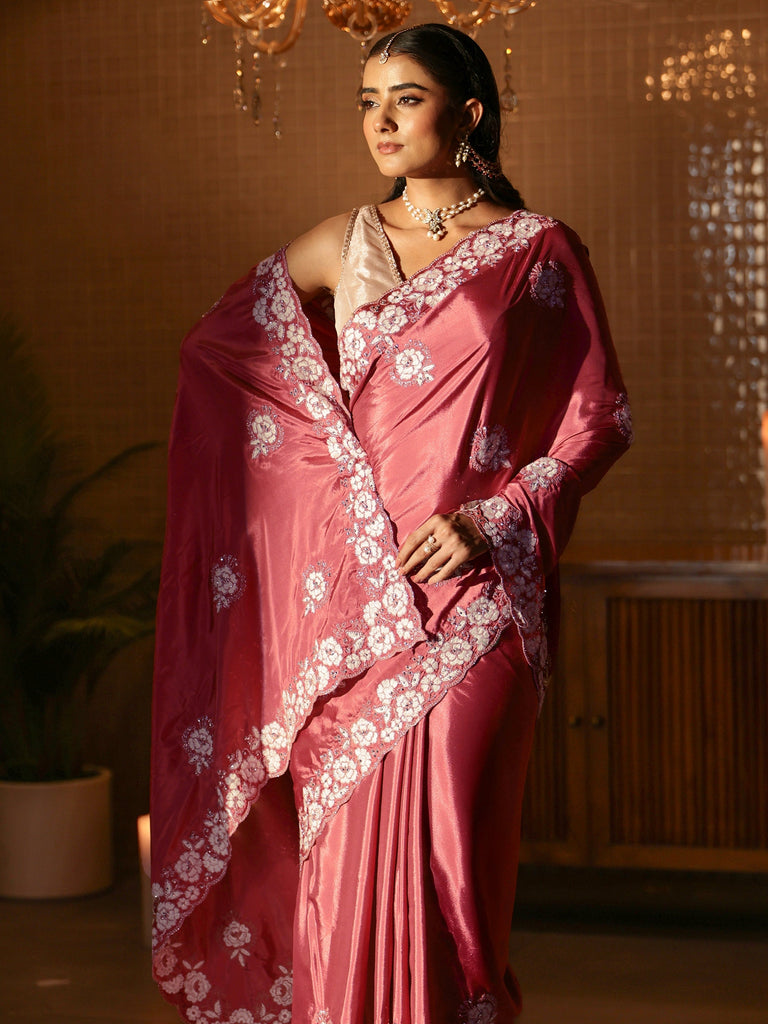 Libas Mauve Floral Embroidered Satin Saree