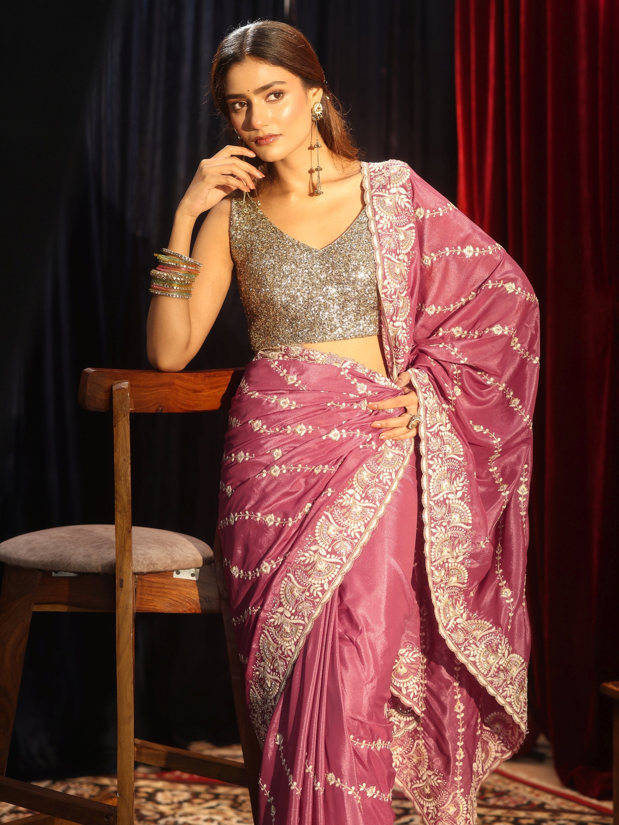Libas Mauve Floral Embroidered Satin Saree-picture-50
