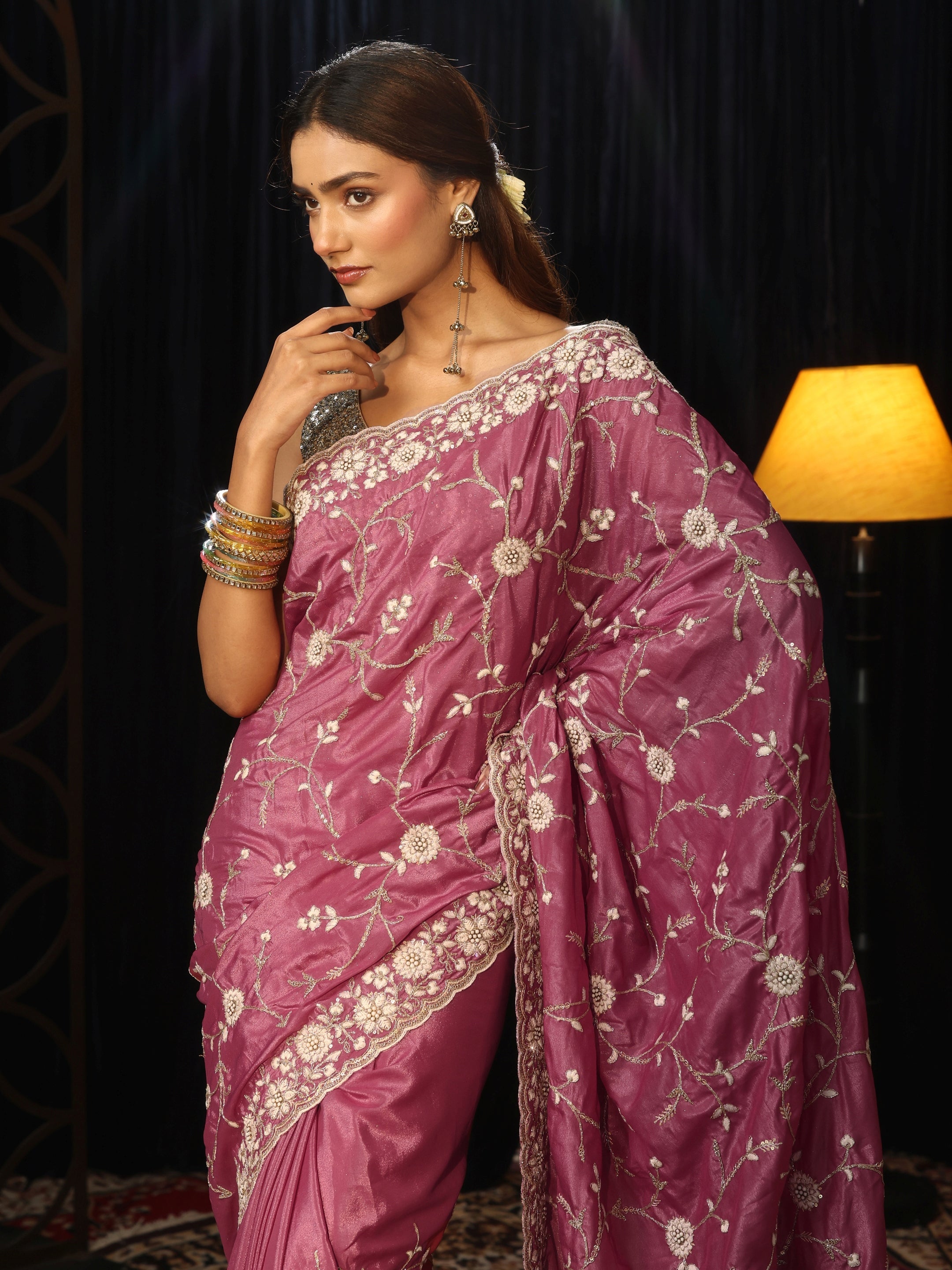 Libas Mauve Floral Embroidered Satin Saree-picture-14