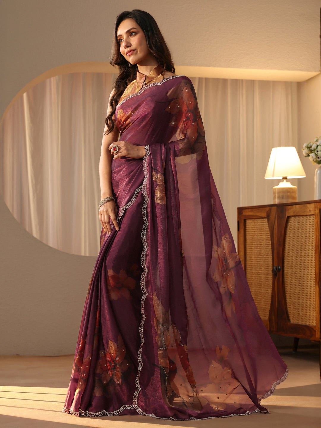  Mauve Floral Printed Silk Blend Saree 