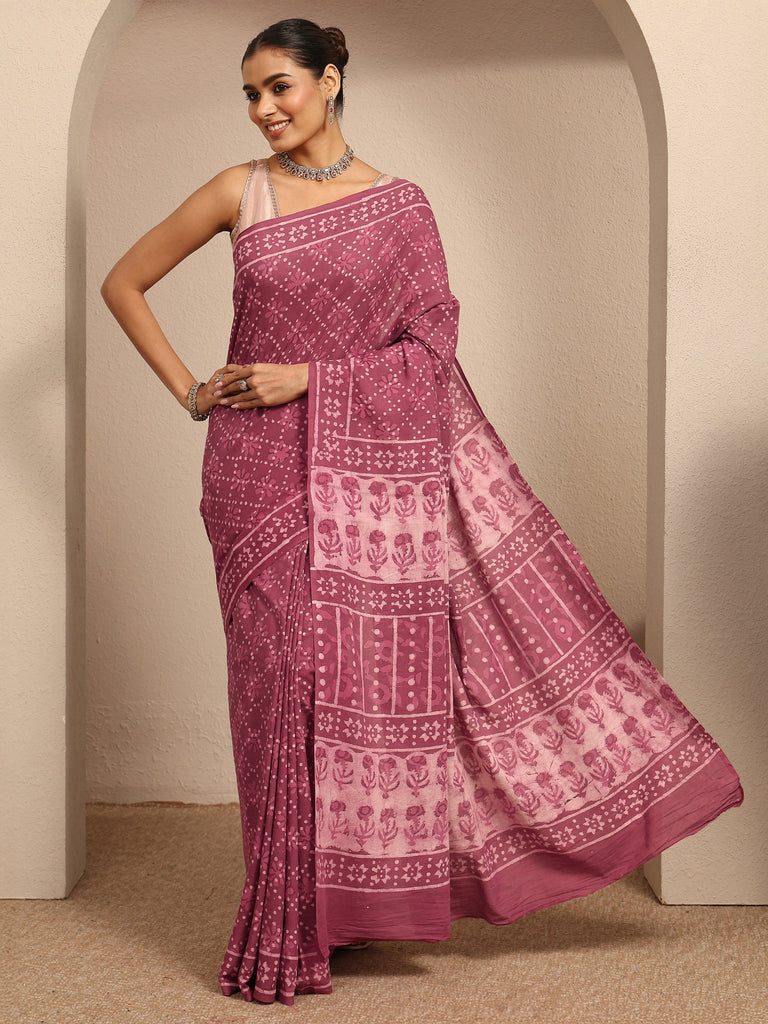 Libas Mauve Ikat Printed Cotton Saree With Unstitched Blouse Piece