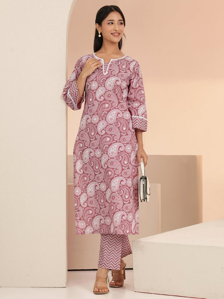 Libas Mauve Paisley Printed Cotton Straight Kurta Set