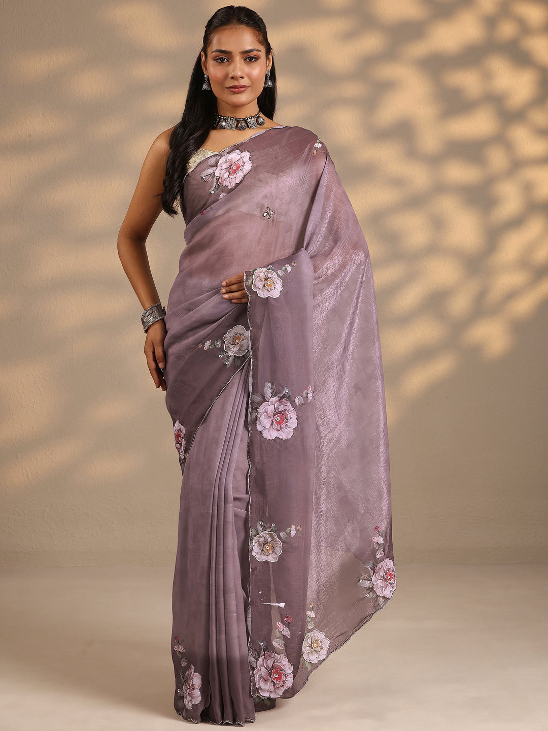 Mauve Printed Silk Blend Saree With Unstitched Blouse Piece