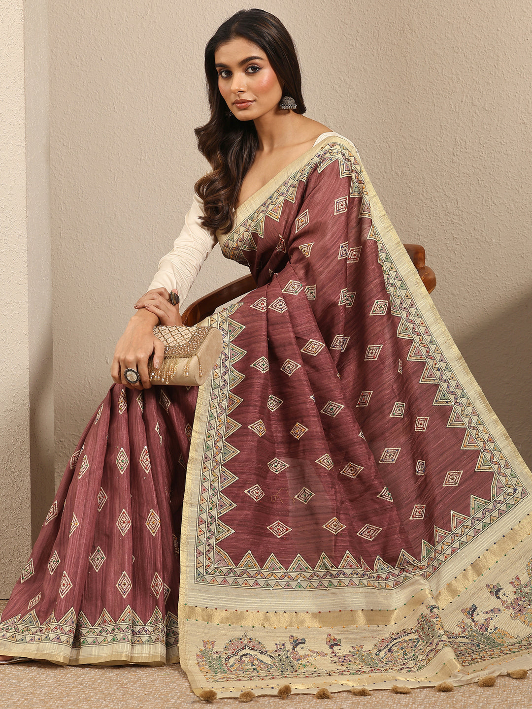 Mauve Printed Silk Blend Saree With Unstitched Blouse Piece