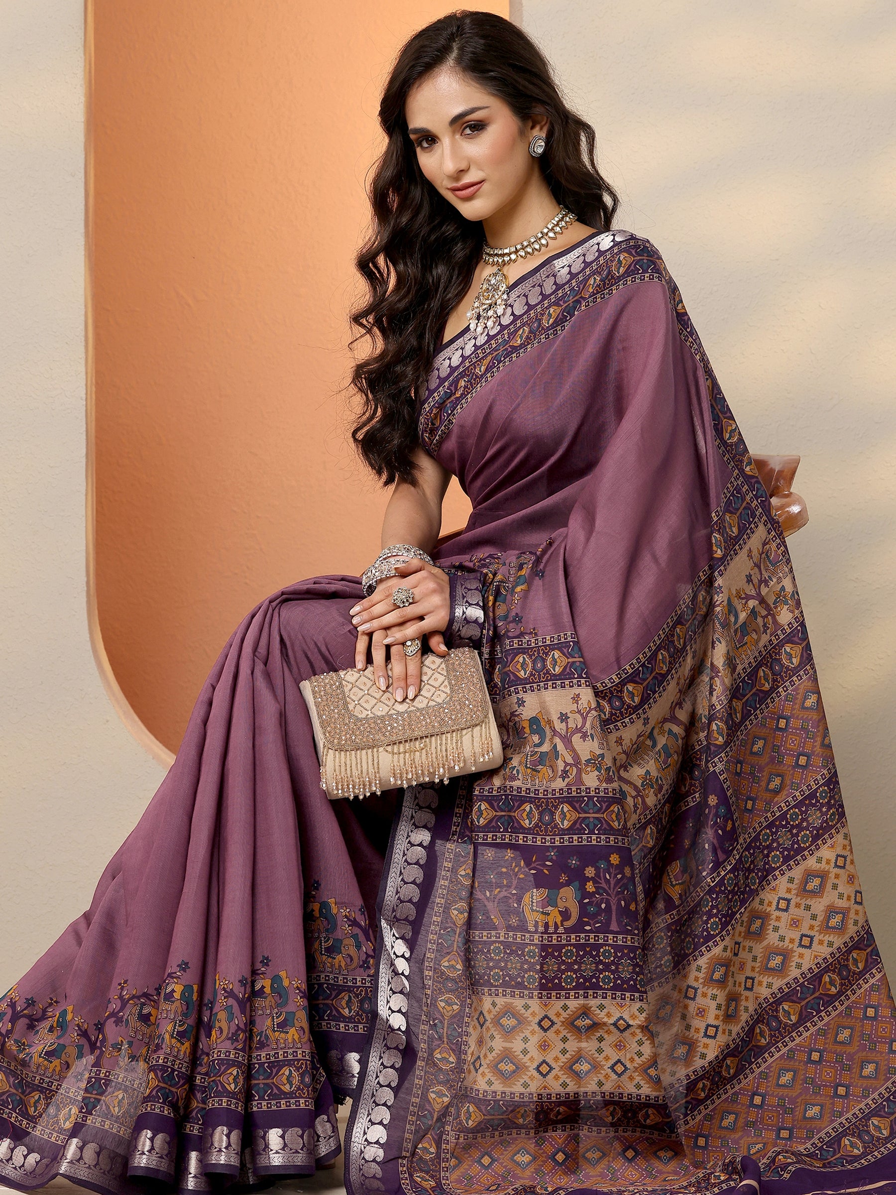 Beige Printed Silk Blend A-Line Kurti