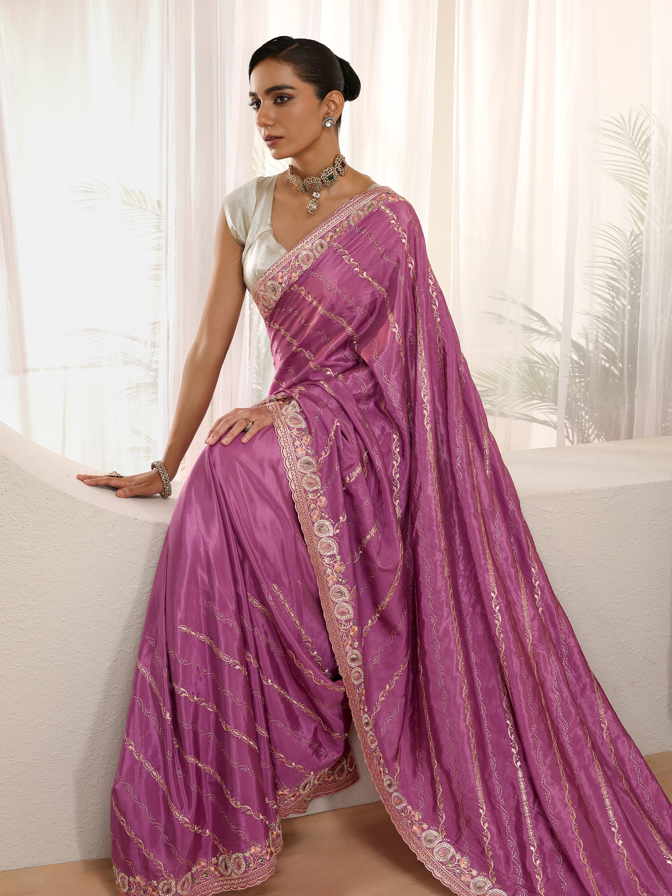 libas Mauve Ethnic Embroidered Satin Saree-picture-55