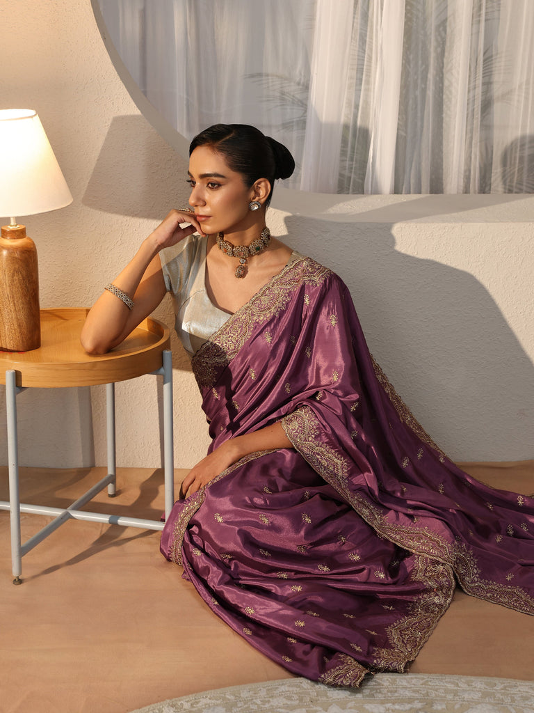 Libas Mauve Floral Embroidered Satin Saree