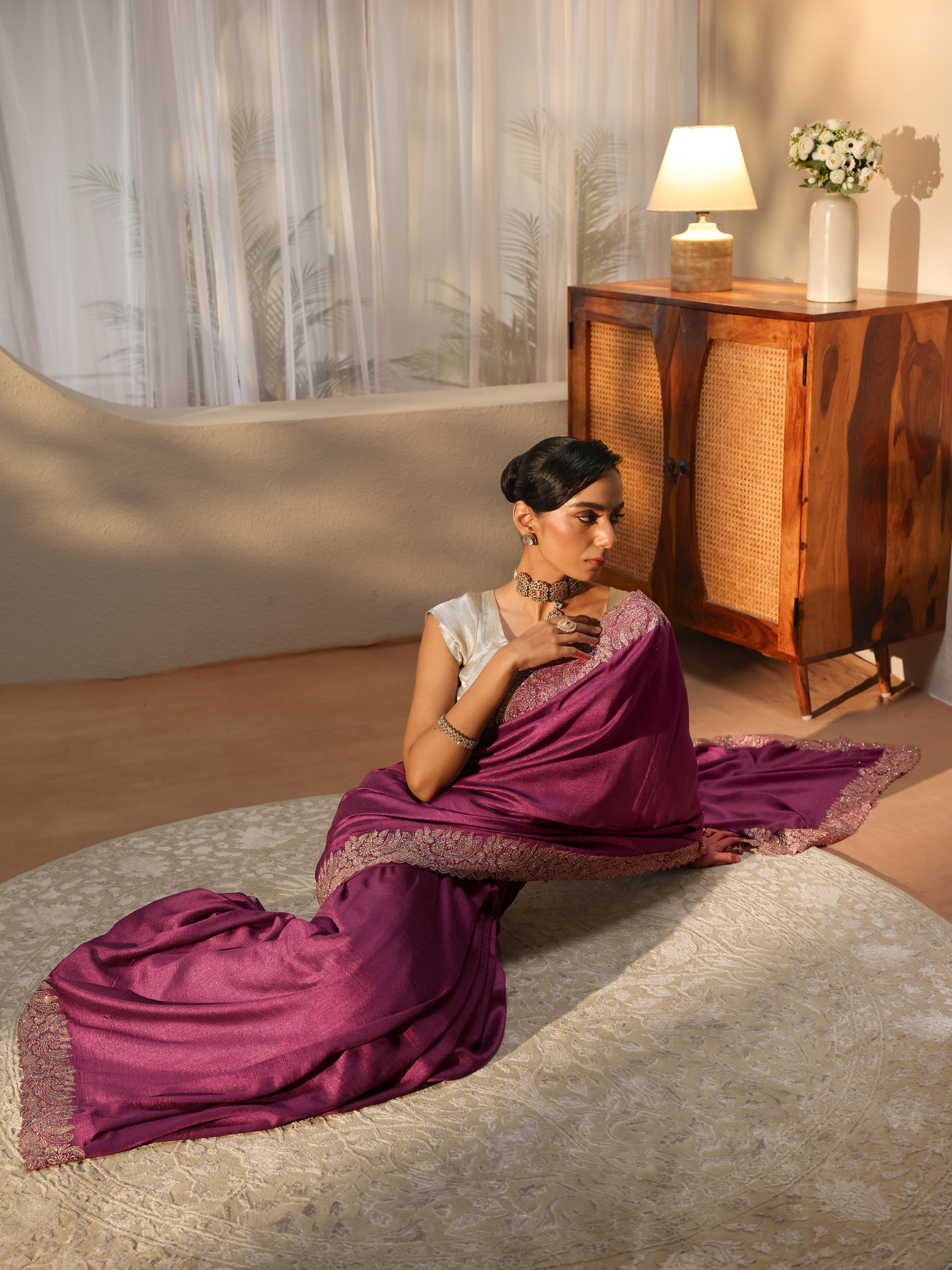Libas Mauve Silk Blend Saree with Embellished Border-picture-34