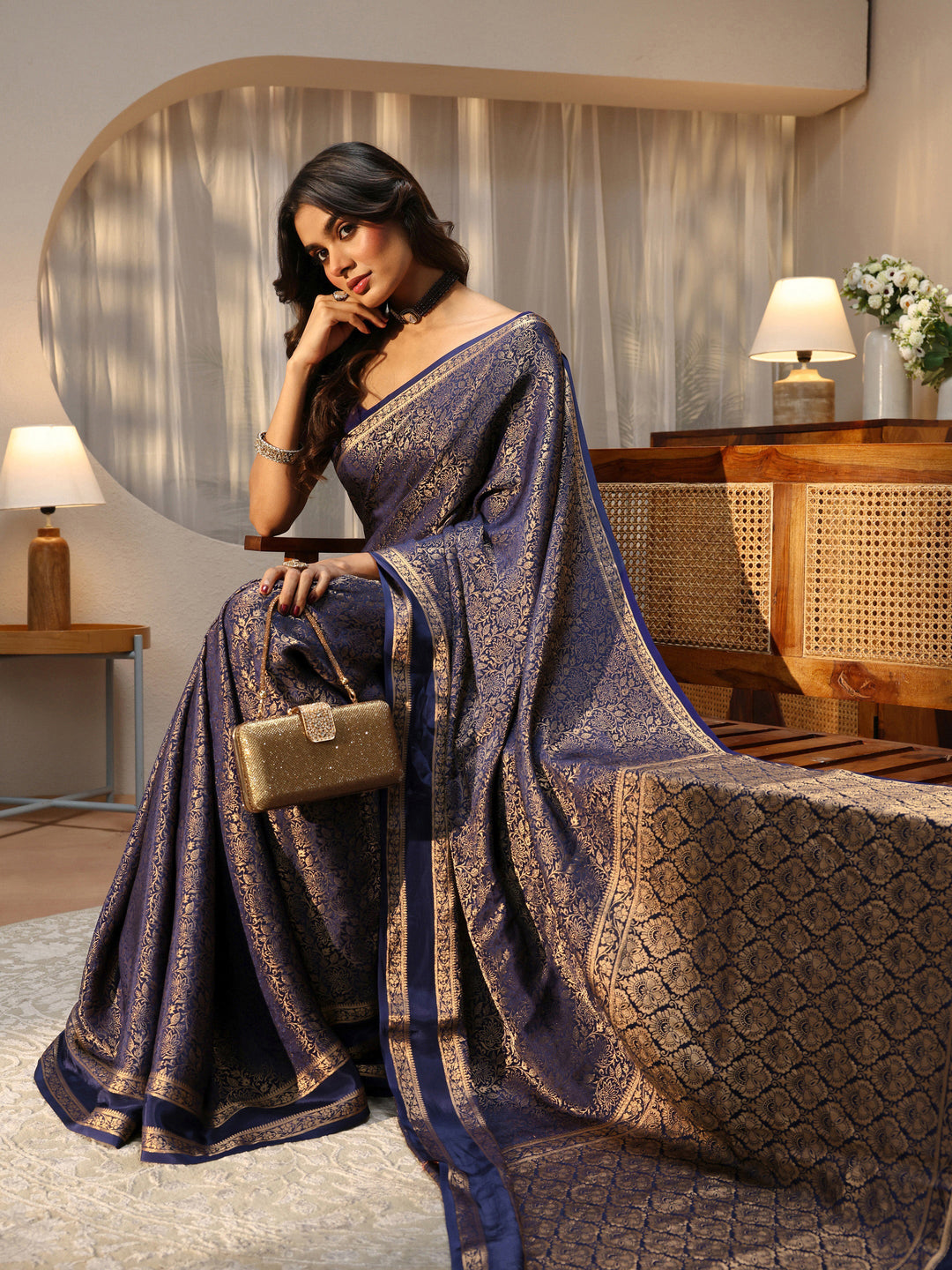 Midnight Blue Banarasi Silk Blend Saree 