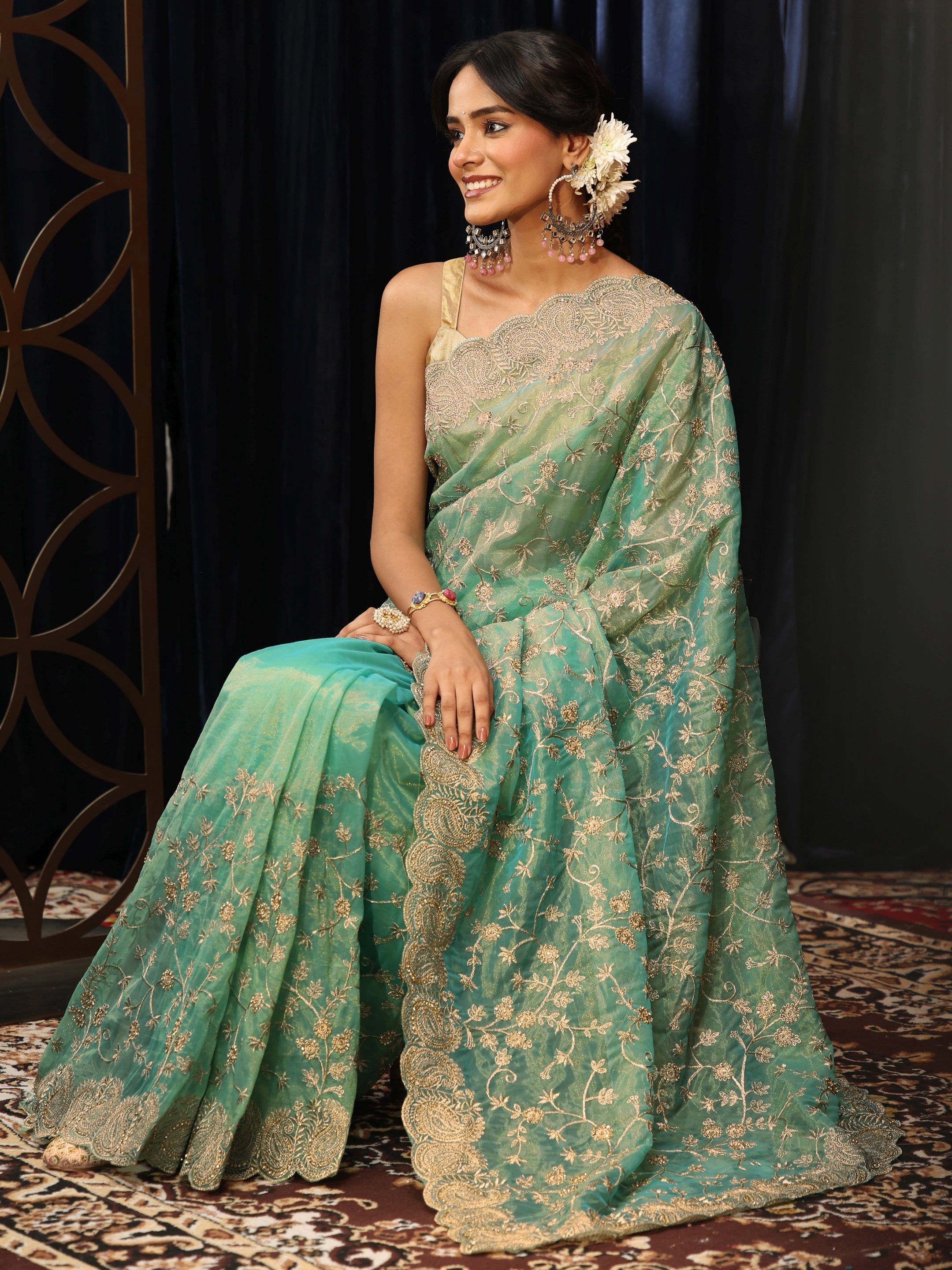 Libas Mint Green Floral Embroidered Net Saree-picture-38