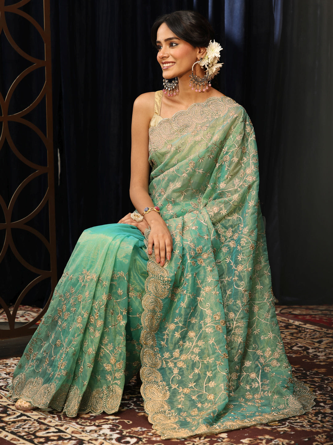  Mint Green Floral Embroidered Net Saree 