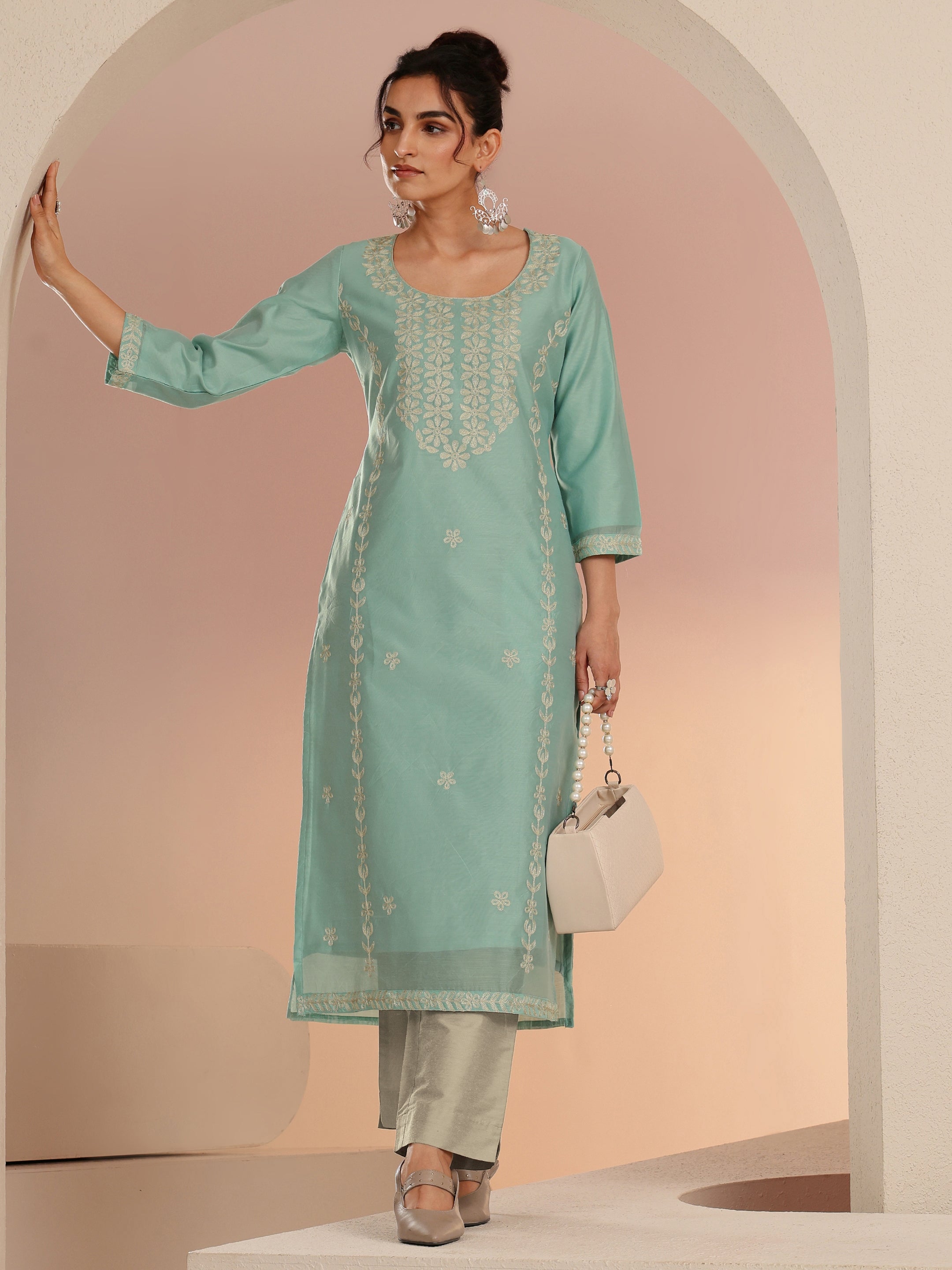 Mint Green Floral Embroidered Silk Blend Straight Kurta-image-4