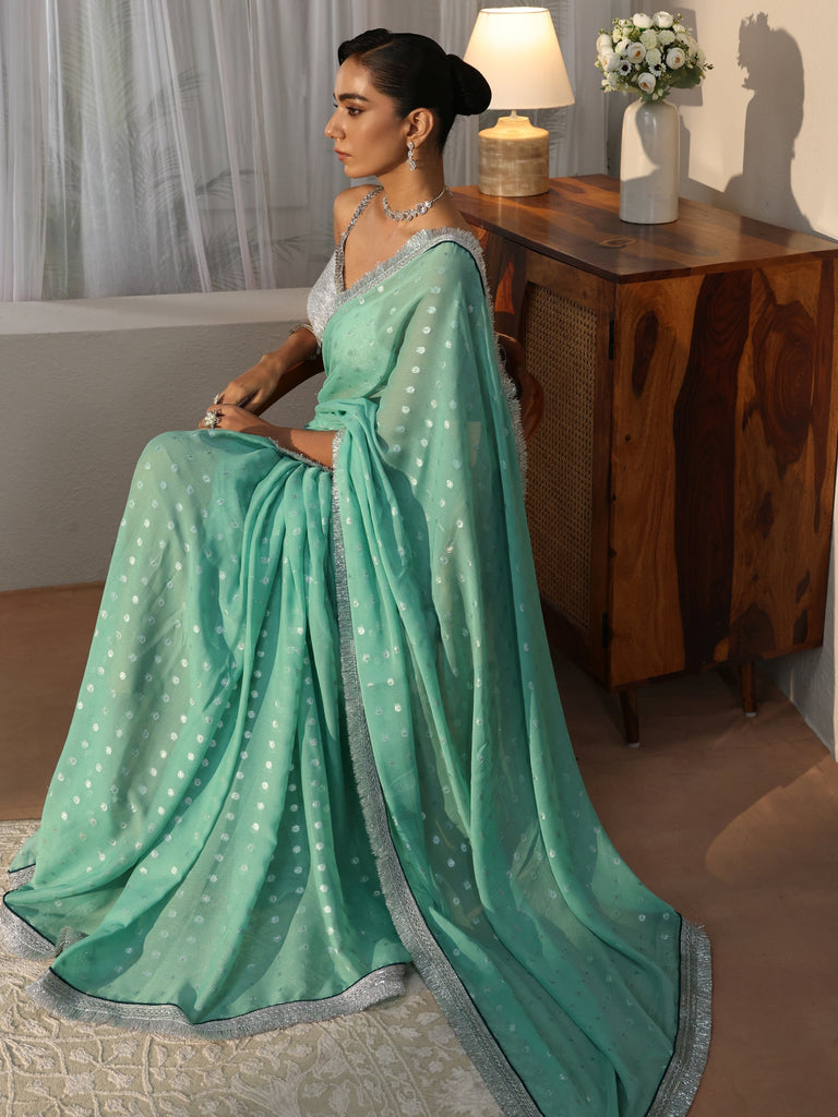 Libas Mint Green Woven Design Tissue Saree