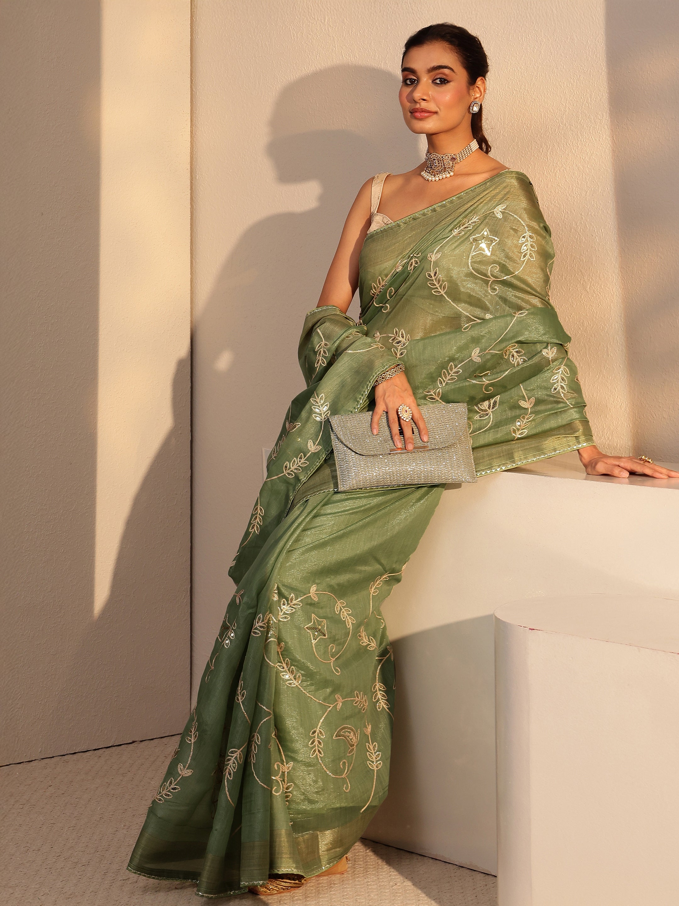 libas Moss Green Floral Embellished Tissue Saree-picture-66