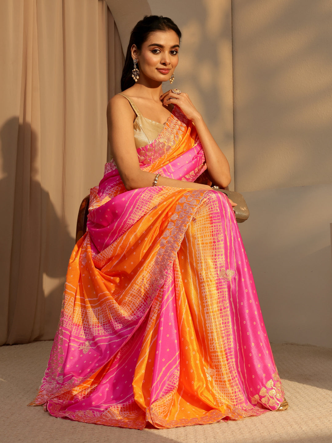  Multi Color Bandhani Printed Satin Saree 
