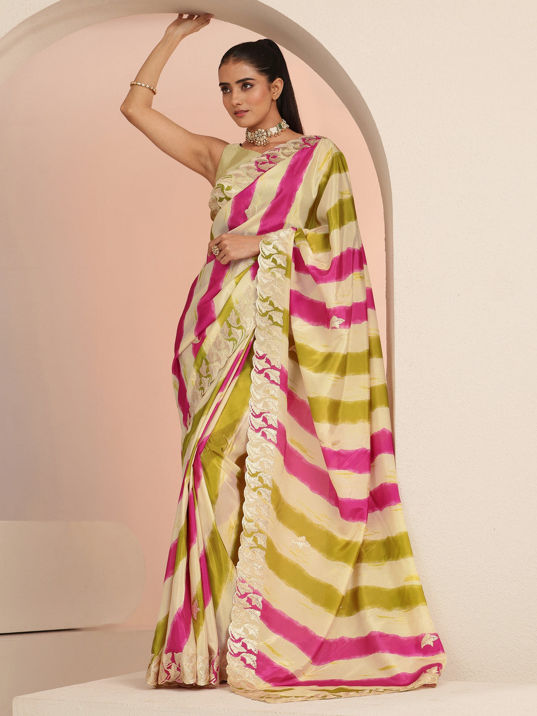  Multi Color Leheriya Printed Satin Saree 