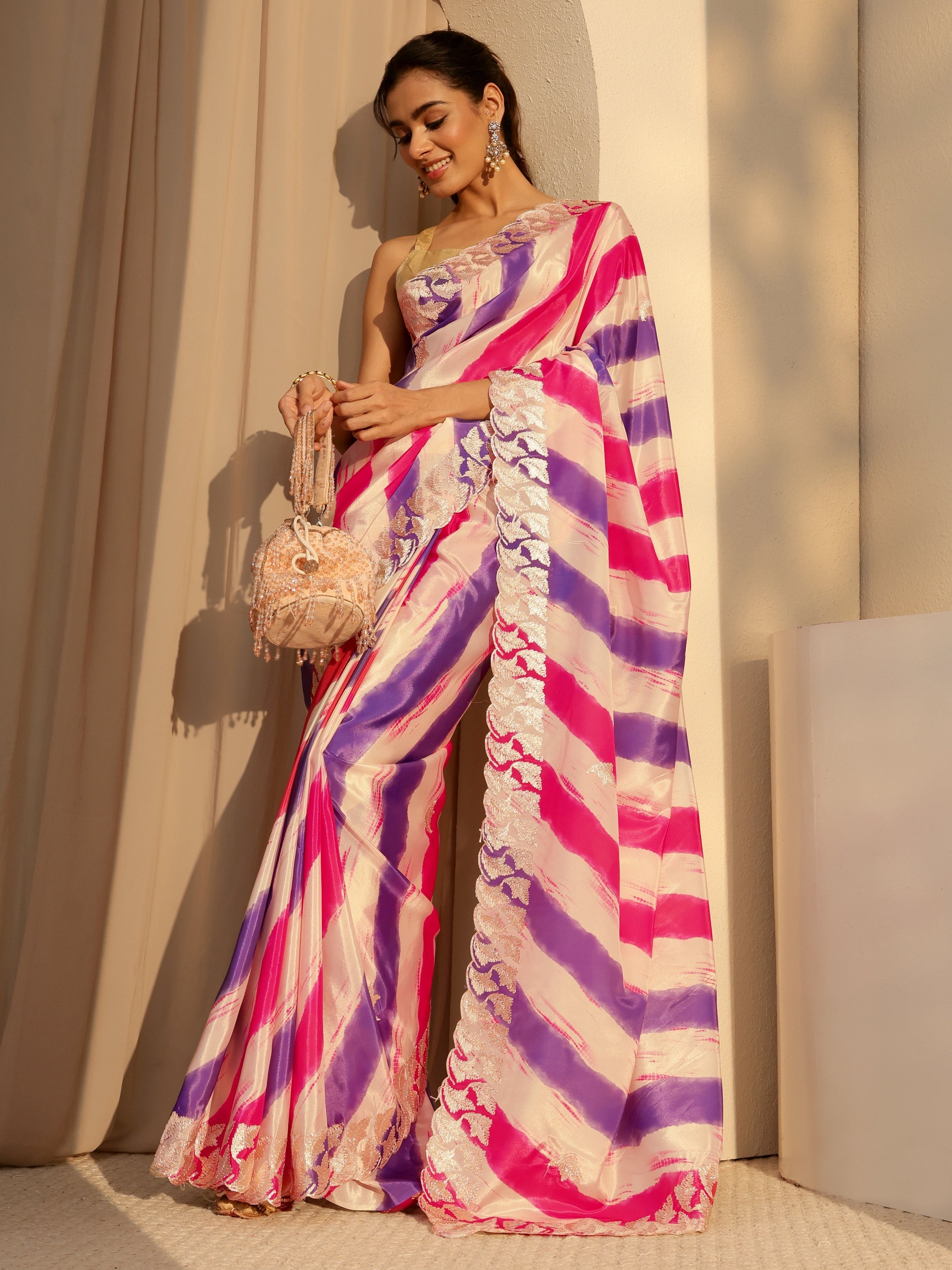 libas Multi Color Leheriya Printed Satin Saree-picture-30