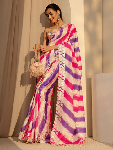 Multi Color Leheriya Printed Satin Saree
