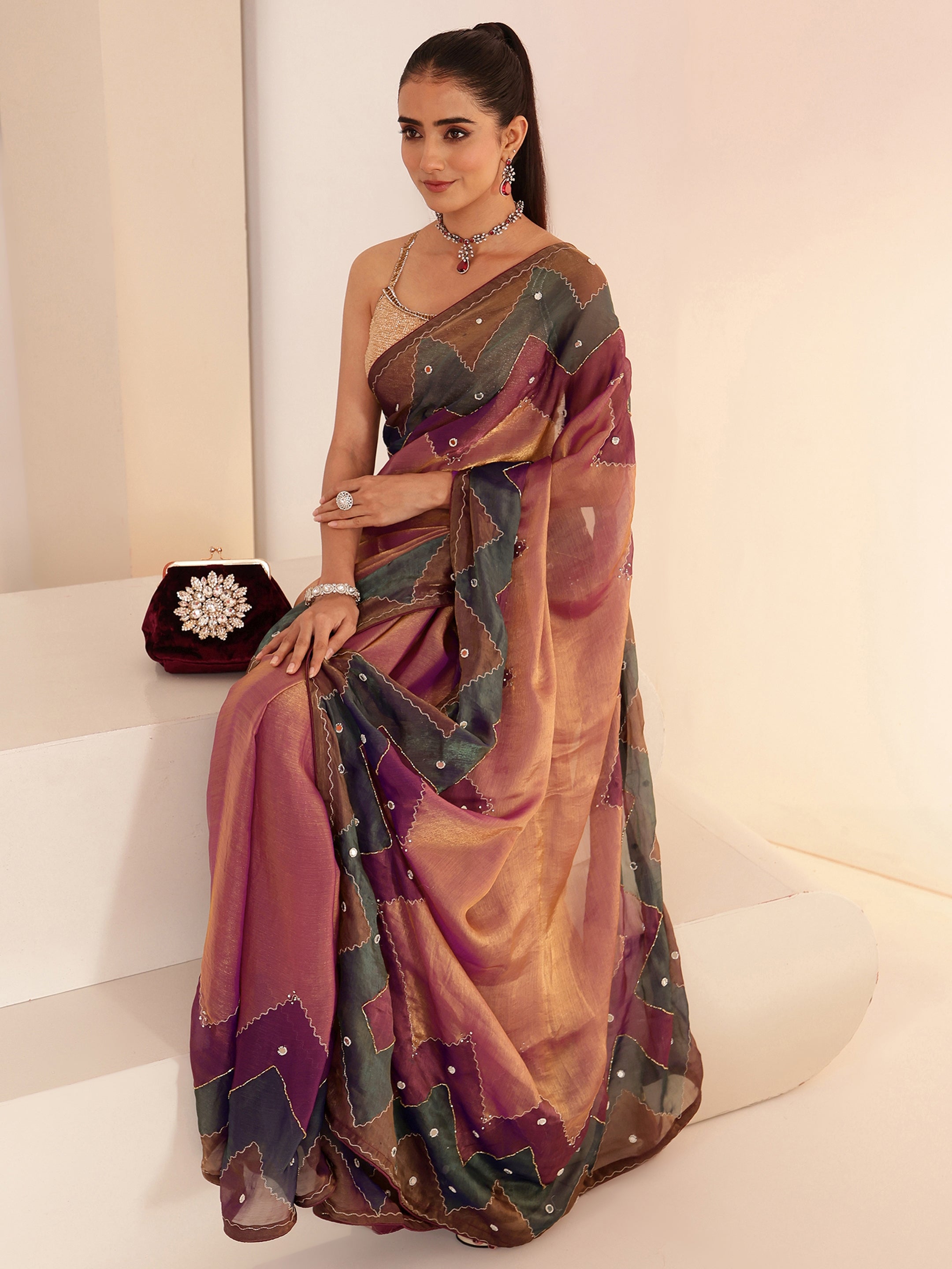 libas Multi Color Mirror Work Silk Blend Saree-picture-24