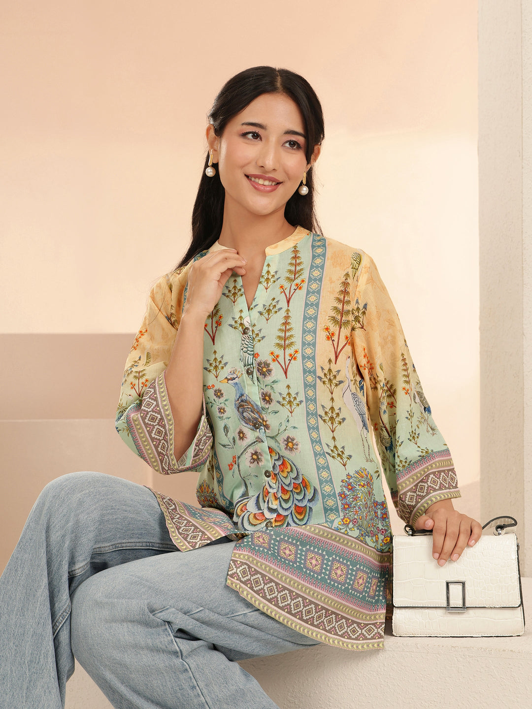  Multi Ethnic Motif Printed Cotton Blend Straight Short Kurti 
