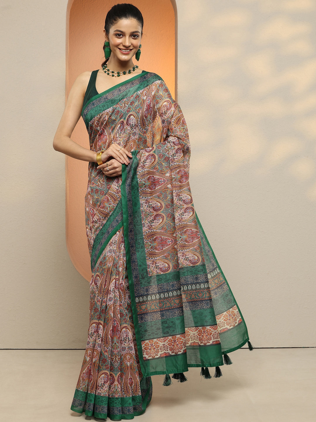 Multi Paisley Printed Silk Blend Saree With Unstitched Blouse Piece