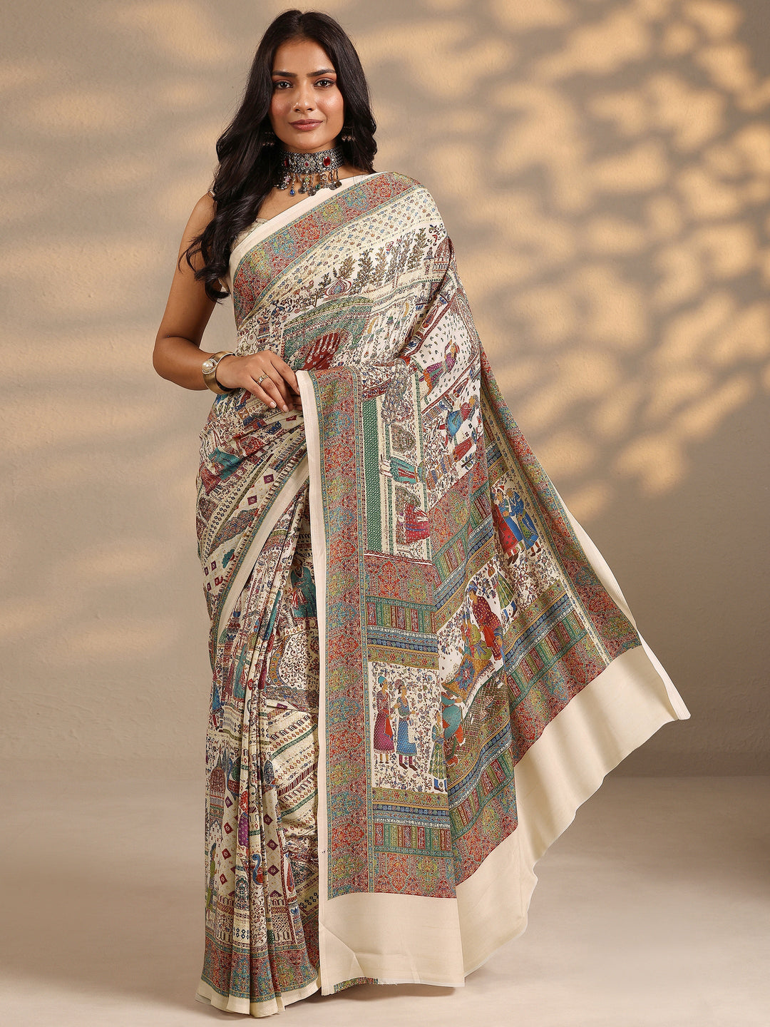 Multi Tribal Printed Silk Blend Saree With Unstitched Blouse Piece