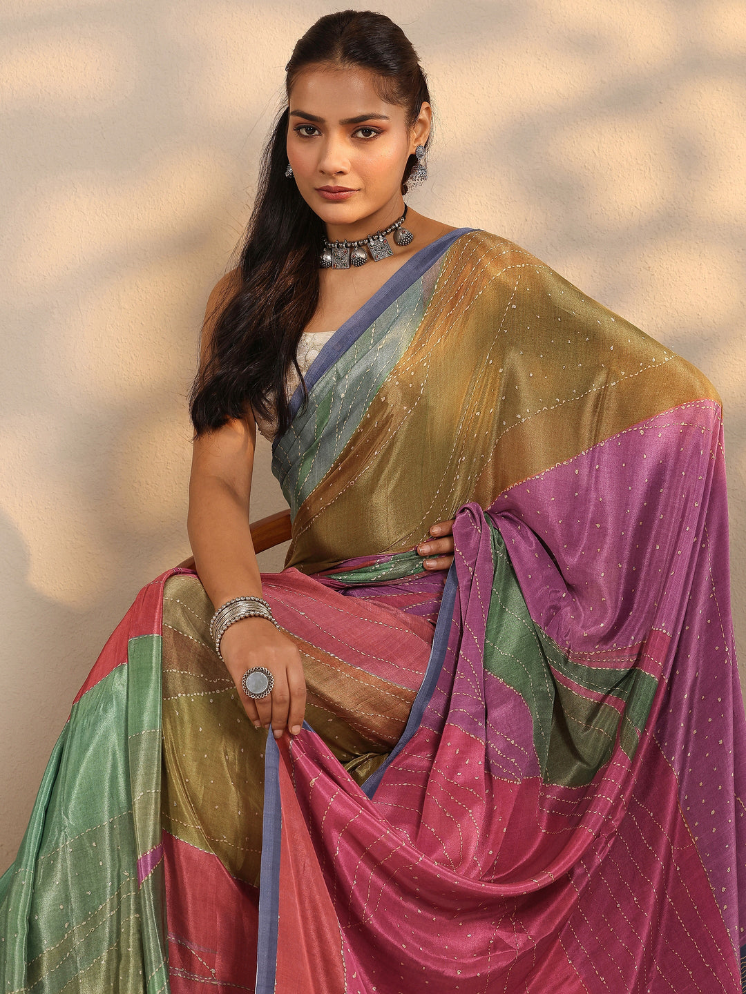 Multi Woven Design Silk Blend Saree With Unstitched Blouse Piece