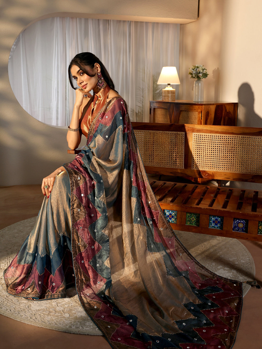  Multi Color Mirror Work Silk Blend Saree 