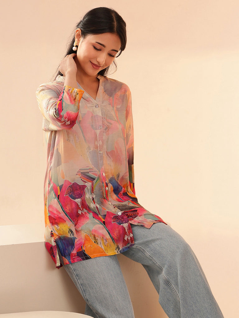 Libas Multicolor Abstract Printed Cotton Blend Straight Short Kurti