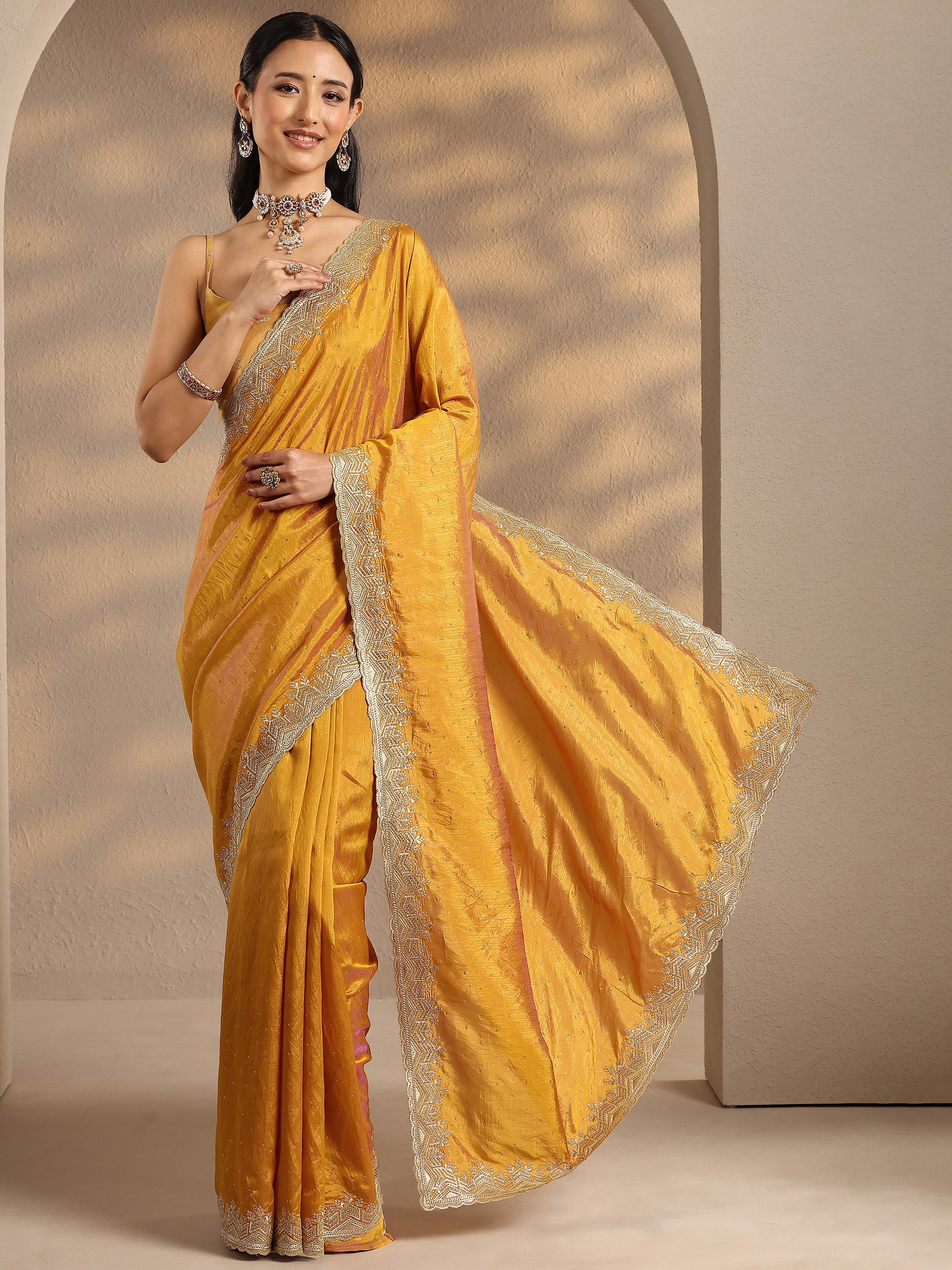 Mustard Embellished Silk Blend Saree With Unstitched Blouse Piece-image-38