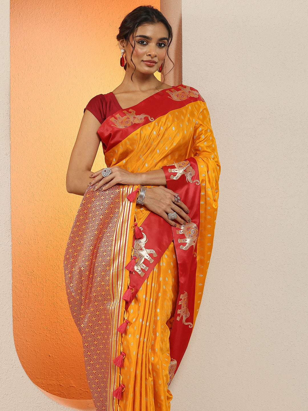  Mustard  Woven Design Silk Blend Sarees With Unstitched Blouse Piece 