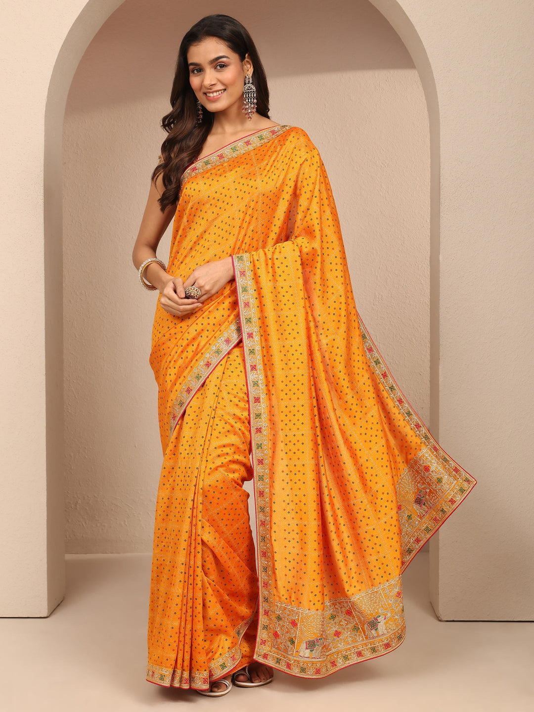  Mustard Bandhani Printed Silk Blend Saree With Unstitched Blouse Piece 