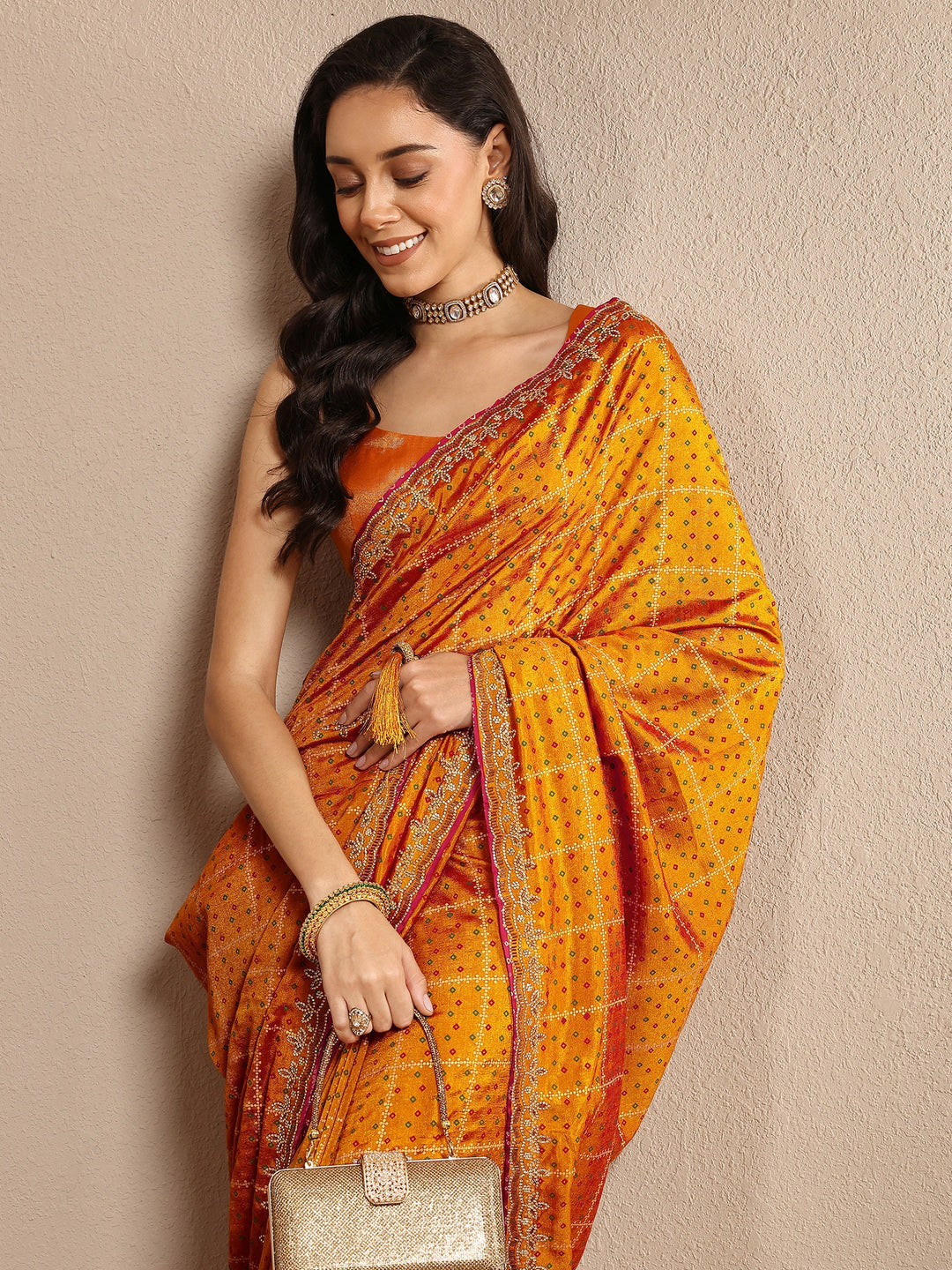 Mustard Bandhani Printed Silk Blend Saree With Unstitched Blouse Piece