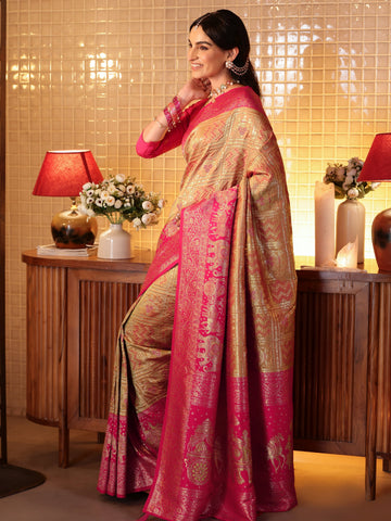 Libas Mustard Bandhani Woven Design Silk Blend Saree